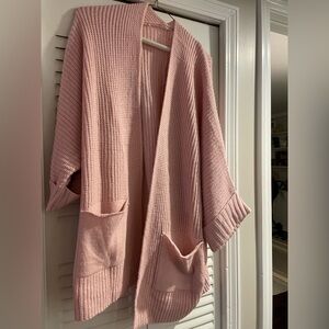 Pink Waffle Knit Open Front Sweater